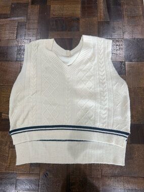 Altar'd State Cream Cable-Knit V-Neck Sweater Vest with Navy Trim